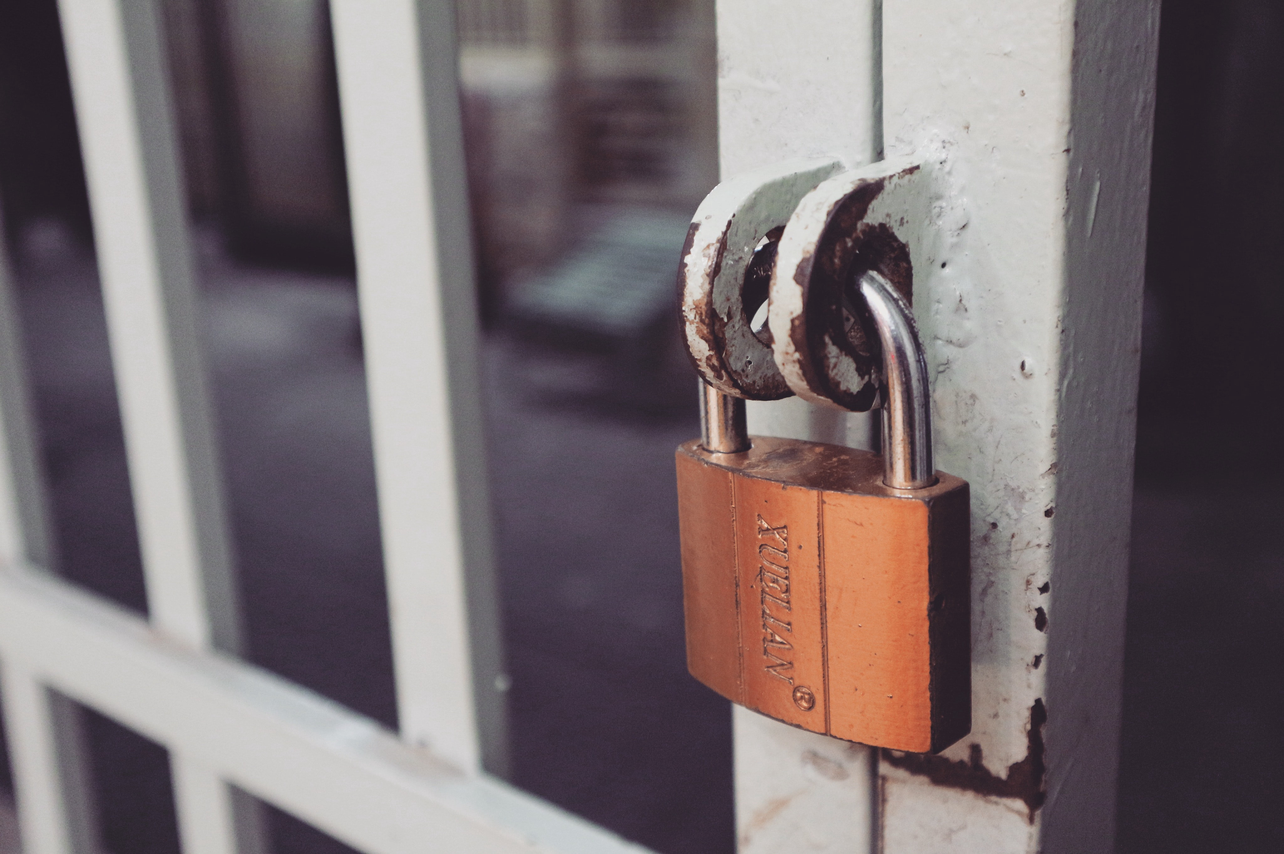 Metal padlock on door.